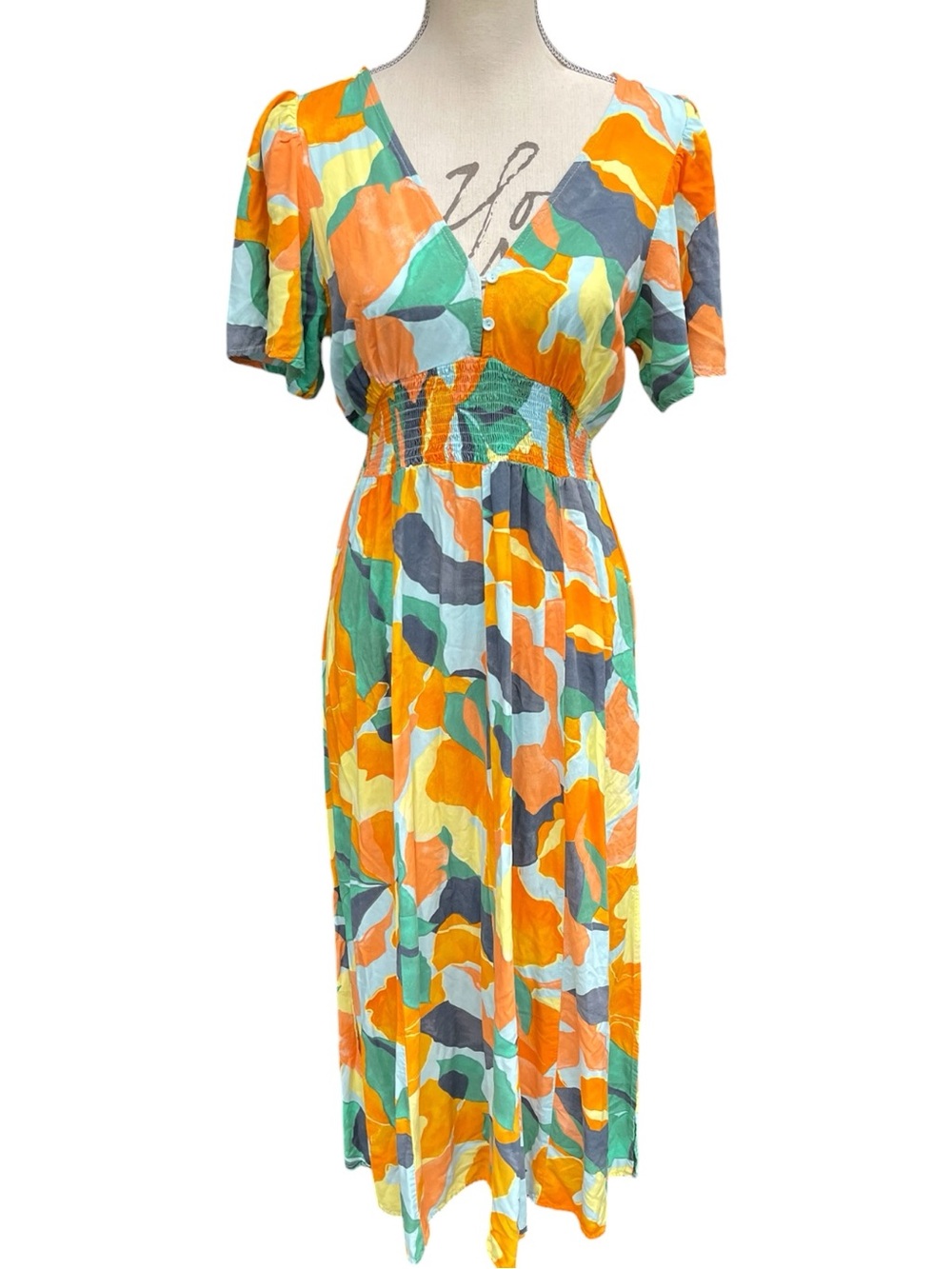 Abel The Label Orange/Green/Aqua Abstract Print Elasticized Waist Midi Dress (M)